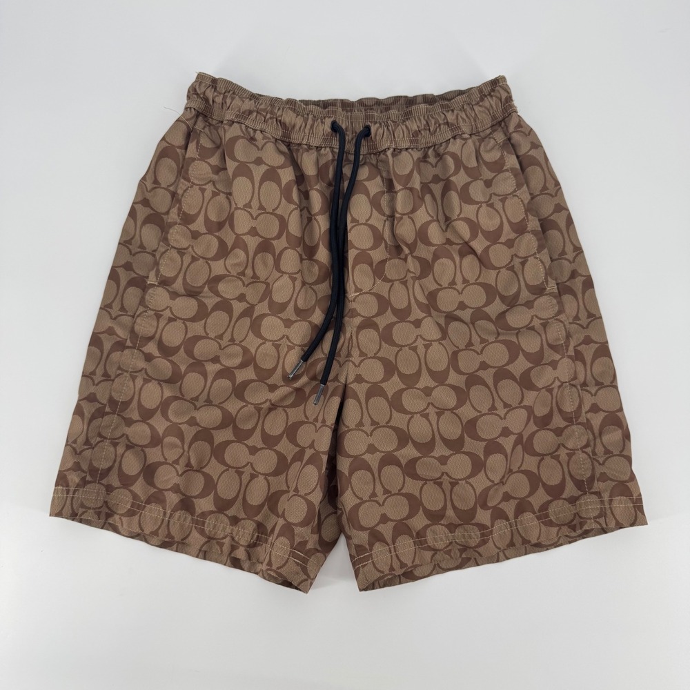 Coach Signature Monogram Swim Shorts Brown Tan C3047 Mens XS Luxury Trunks